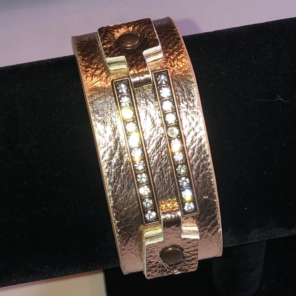 Rose Gold Tone Faux Leather Crystal Accent Bracelet
